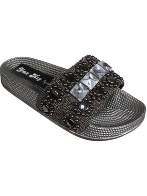 Yaz Kış Ayakkabı Yazkış Kadın  Platin Altın  Üzeri Cam  Geometri Desenli  Simli  Taşlı Düz Taban Terlik