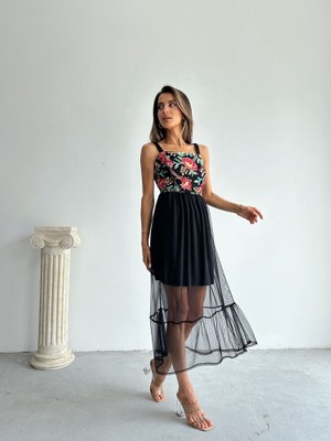 Shop My Siyah Göğüs Çiçek Desen Eteği Tül Elbise