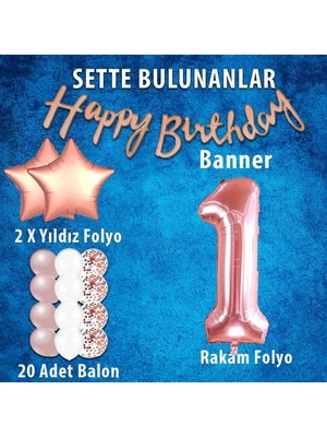 Balon Diyarı Rose Gold Konsept Yaş Doğum Günü Kutlama Seti; Beyaz Gold Konfetili Balon, Rakam Yıldız Folyo ve Banner