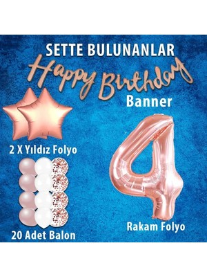 Balon Diyarı Rose Gold Konsept Yaş Doğum Günü Kutlama Seti; Beyaz Gold Konfetili Balon, Rakam Yıldız Folyo ve Banner