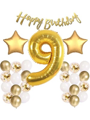 Balon Diyarı Gold Konsept 9 Yaş Doğum Günü Kutlama Seti + balon bandı