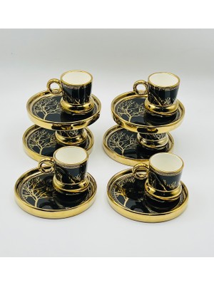 Interlife Ağaç Modeli Siyah-Gold Porselen Kahve Fincan Takımı