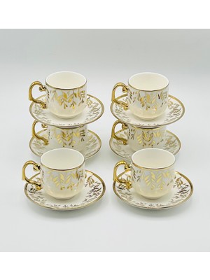 Tekbir Vintage Beyaz-Gold Yaprak Desenli Porselen Kahve Fincan Takımı