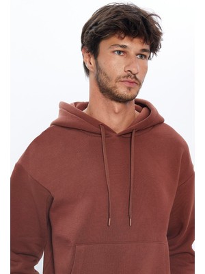 Tudors Unisex Oversize Geniş Kesim Pamuklu Yumuşak Dokulu Içi Polarlı Basic Kahverengi Kapüşonlu Sweatshirt