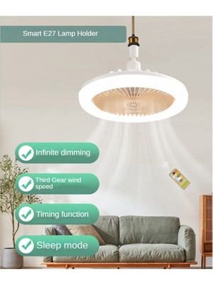 Uzaktan Kumandalı ve Işıklı Tavan Vantilatörü 30W LED Lamba Smart Silent E27 Dönüştürücü Taban Krem Rengi (Yurt Dışından)