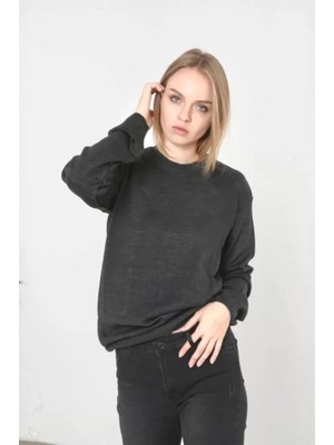 Stil Aura Unisex Uzun Kol Biskilet Yaka Dokuma Triko - Füme