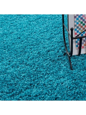 Carpettex Yuvarlak Shaggy Halı 30 mm Uzun ve Yüksek Tüylü Düz Mavi Renkli