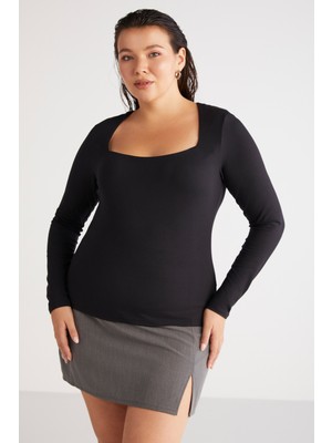 Ethiquet Aadabb Kadın Vücudu Tamamen Saran Slim Fit Kare Yaka Siyah Büyük Beden Bluz