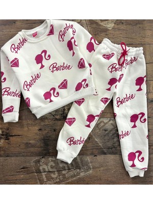 Kids Face Özel Tasarım Barbie Dıamond Baskılı Şardonlu Kışlık Şık Kız Çocuk Eşofman Takımı