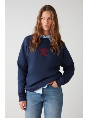 Adrıelle Relaxed Fit Nakış Baskılı Örme Bisiklet Yaka Lacivert Sweatshirt