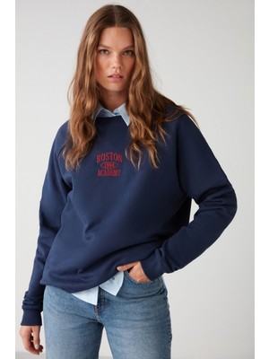 Adrıelle Relaxed Fit Nakış Baskılı Örme Bisiklet Yaka Lacivert Sweatshirt