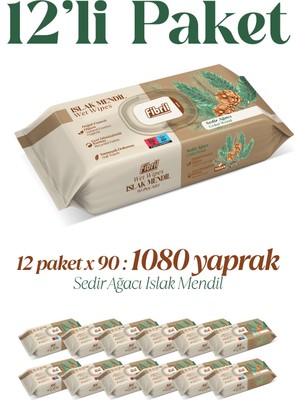 Fibril Sedir Ağacı Kokulu Islak Mendil 12X90 Lı Paket 1080YAPRAK Doğal Esans , Geri Dönüştürülebilir Kumaş