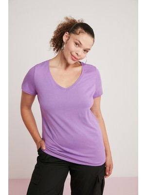 ETHIQUET Loren Kadın Pamuk Elastanlı Regular Fit V Yaka Yarım Kollu Mor Büyük Beden Body