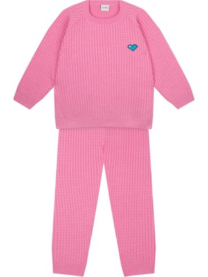 Antebies Pembe Balıksırtı Kalp Nakışlı Triko Beli Lastikli Bağcıklı Kız Çocuk Kazak Eşofman Takımı
