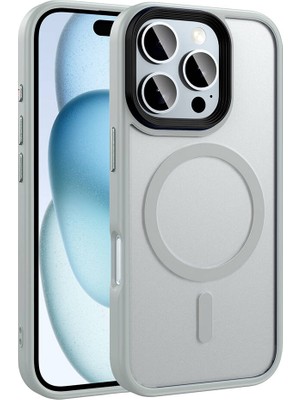 Alan Tech Apple iPhone 16 Pro Kılıf Mat Arka Yüzey Wireless Şarj Özellikli Zore Flet Magsafe Kapak-Gümüş