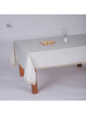 NDC Home Krem Renkli Organik Ham Keten Saçaklı Masa Örtüsü 110 x 110 cm Kumaş ve Dantel Detayları