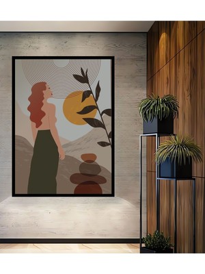Teona Ahşap Dekoratif Ahşap Bohem Women Ilistrasyon Tablo Çerçeve Görünümlü Dikey Duvar Dekorasyon Tablosu