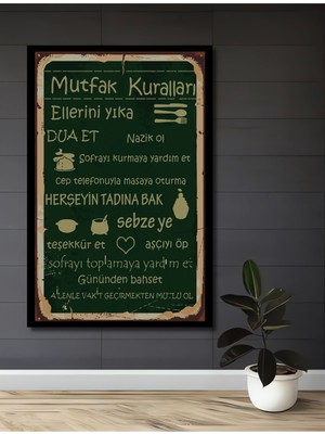 Dekoratif Mutfak Kuralları Ahşap Retro Poster Tablo Çerçeve Görünümlü Dikey Duvar Dekorasyon Tablosu