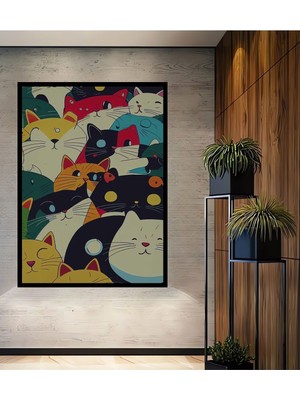 Ahşap Tablo - Abstract,soyut Kedi Kedili Tablo Çerçeve Görünümlü Dikey Duvar Tablo