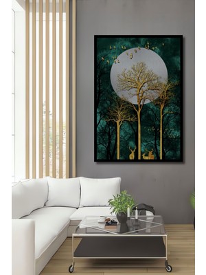 Teona Ahşap Dekoratif Soyut Gece Orman Geyik Tasarım Ahşap Tablo Çerçeve Görünümlü Dikey Duvar Dekorasyon Tablo