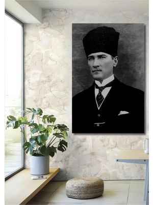 Teona Ahşap Dekoratif Dikey Siyah Beyaz Atatürk Duvar Tablo Ahşap Dikdörtgen Tablo
