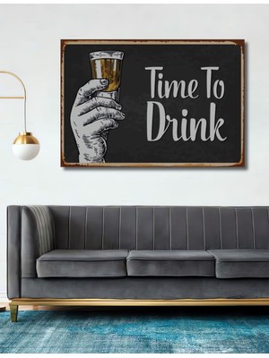Dekoratif Tablo Time To Drink Içki Zamanı Retro Vintage Şık Yatay Duvar Dekorasyon Tablosu