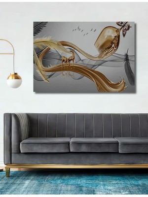 Gold Geyik ve Kadeh Ahşap Tablo Oturma Ofis Antre Cafe Için Duvar Dekoru Yatay Duvar Tablo