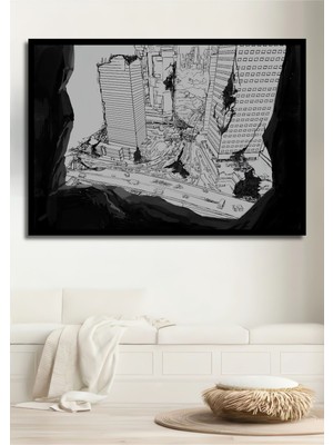 Dekoratif Yatay Karakalem Yıkılan Şehir Duvar Tablo Ahşap Dikdörtgen Tablo