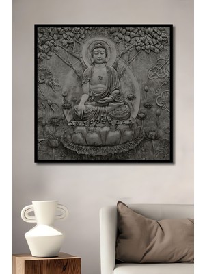 Buda Heykeli Meditasyon Yoga Yaşam Ağacı Kare Ahşap Tablo Çerçeve Görünümlü Dikey Duvar Tablo