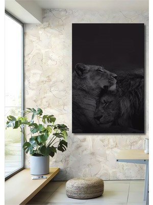 Teona Ahşap Dekoratif Dikey Dişi Aslan Erkek Aslan Duvar Tablo Ahşap Dikdörtgen Tablo