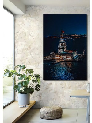 Dekoratif Dikey Kız Kulesi Duvar Tablo Ahşap Dikdörtgen Tablo