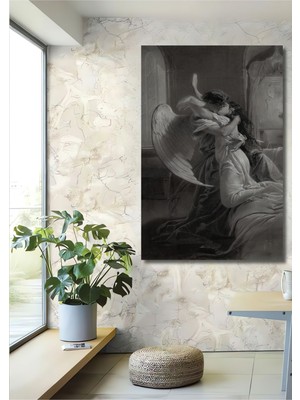 Dekoratif Dikey Melek ve Insan Duvar Tablo Ahşap Dikdörtgen Tablo