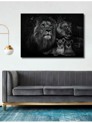 Aslan Family-Ahşap Tablo Oturma Ofis Antre Cafe Için Duvar Dekoru Şık Yatay Duvar Dekorasyon Tablosu