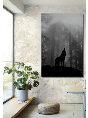 Teona Ahşap Dekoratif Dikey Ormanda Uluyan Kurt Duvar Tablo Ahşap Dikdörtgen Tablo