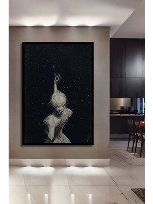 Dekoratif Yıldızlarla Kız Fantastik Ahşap Tablo Çerçeve Görünümlü Dikey Duvar Dekorasyon Tablosu