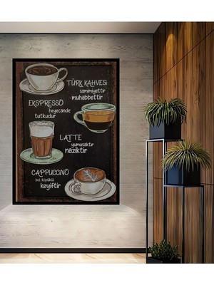 3 Boyutlu Ahşap Tablo - Kahve Çeşitleri Cafe Için 3D Görünümlü Çerçeve Görünümlü Dikey Duvar Tablo