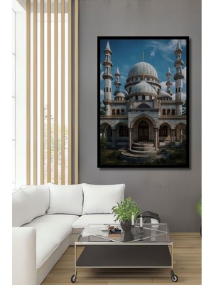 Ahşap Ayasofya Silüyeti Renkli Tablo-2-Uv Dijital Siyah Çerçeve Çerçeve Görünümlü Dikey Duvar Tablo