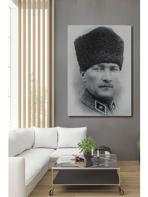 Dekoratif Dikey Atatürk Karakalem Duvar Tablo Ahşap Dikdörtgen Tablo