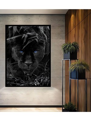 Teona Ahşap Mavi Gözlü Jaguar Ahşap Tablo Duvar Dekoru Çerçeve Görünümlü Dikey Duvar Tablo