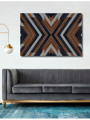 Teona Ahşap Dekoratif Modern Geometrik Aztek Ahşap Desenli Tablo Şık Yatay Duvar Dekorasyon Tablosu