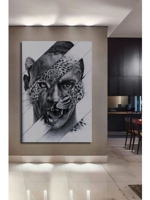 Teona Ahşap Dekoratif Dikey Leopar Adam Duvar Tablo Ahşap Dikdörtgen Tablo