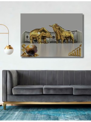 Altın Boğa ve Ayı Borsa Ekonomi Finans Dolar Altın Dünya Gold Lüks Dekor Yatay Ahşap Tablo Tablo