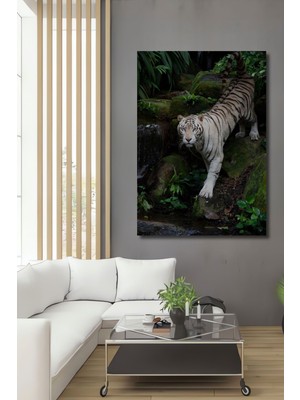 Teona Ahşap Dekoratif Dikey Ormandaki Beyaz Kaplan Duvar Tablo Ahşap Dikdörtgen Tablo