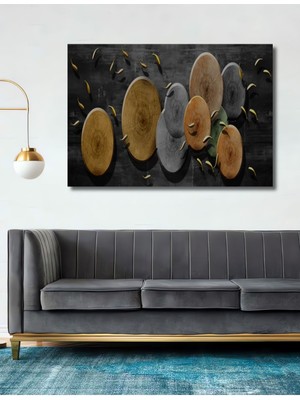 Dekoratif Dekoratif Ahşap Daireler ve Gold Balıklar Ahşap Tablo Şık Yatay Duvar Dekorasyon Tablosu