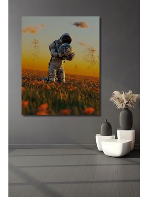 Dekoratif Dikey Dünyayı Tutan Astronot Duvar Tablo Ahşap Dikdörtgen Tablo
