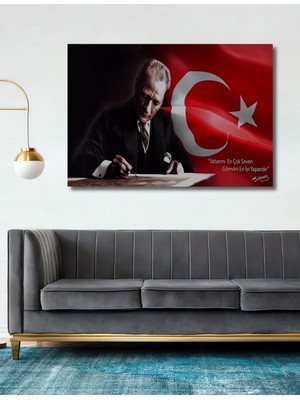Dekoratif Atatürk ve Türk Bayrağı - Tek Parça Ahşap Tablo Şık Yatay Duvar Dekorasyon Tablosu