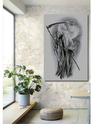 Teona Ahşap Dekoratif Dikey Karakalem Azrail Duvar Tablo Ahşap Dikdörtgen Tablo