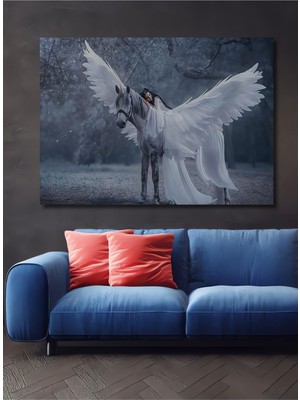 Dekoratif Melek At Kız Ahşap Tablo Şık Yatay Duvar Dekorasyon Tablosu