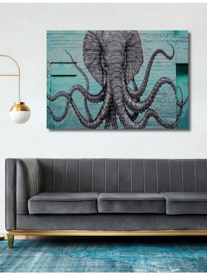 Ahşap Tablo Ahtapot ve Fil Sanat Tablosu Modern Ahtapot 3 Boyutlu K Yatay Duvar Dekorasyon Tablosu