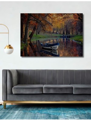 Kayık ve Dere Temalı Ahşap Tablo Oturma Ofis Antre Için Duvar Dekoru Yatay Duvar Dekorasyon Tablosu